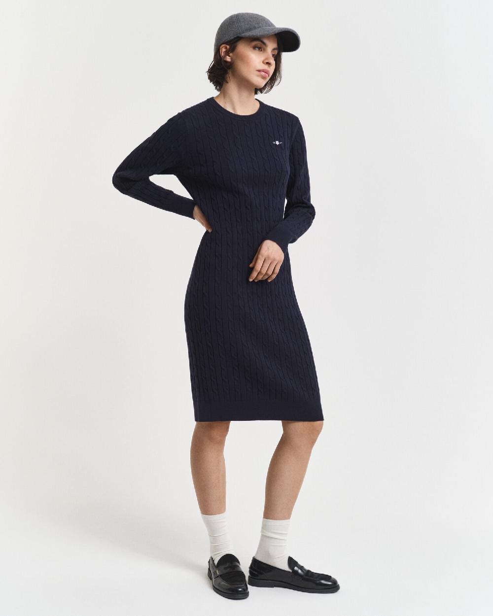 Gant Stretch Cotton Cable Knit Crew Neck Dress Evening Blue