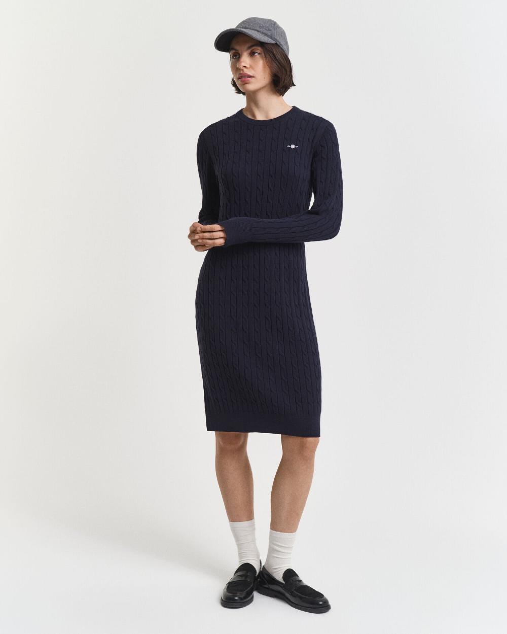 gant Stretch Cotton Cable Knit Crew Neck Dress evening blue