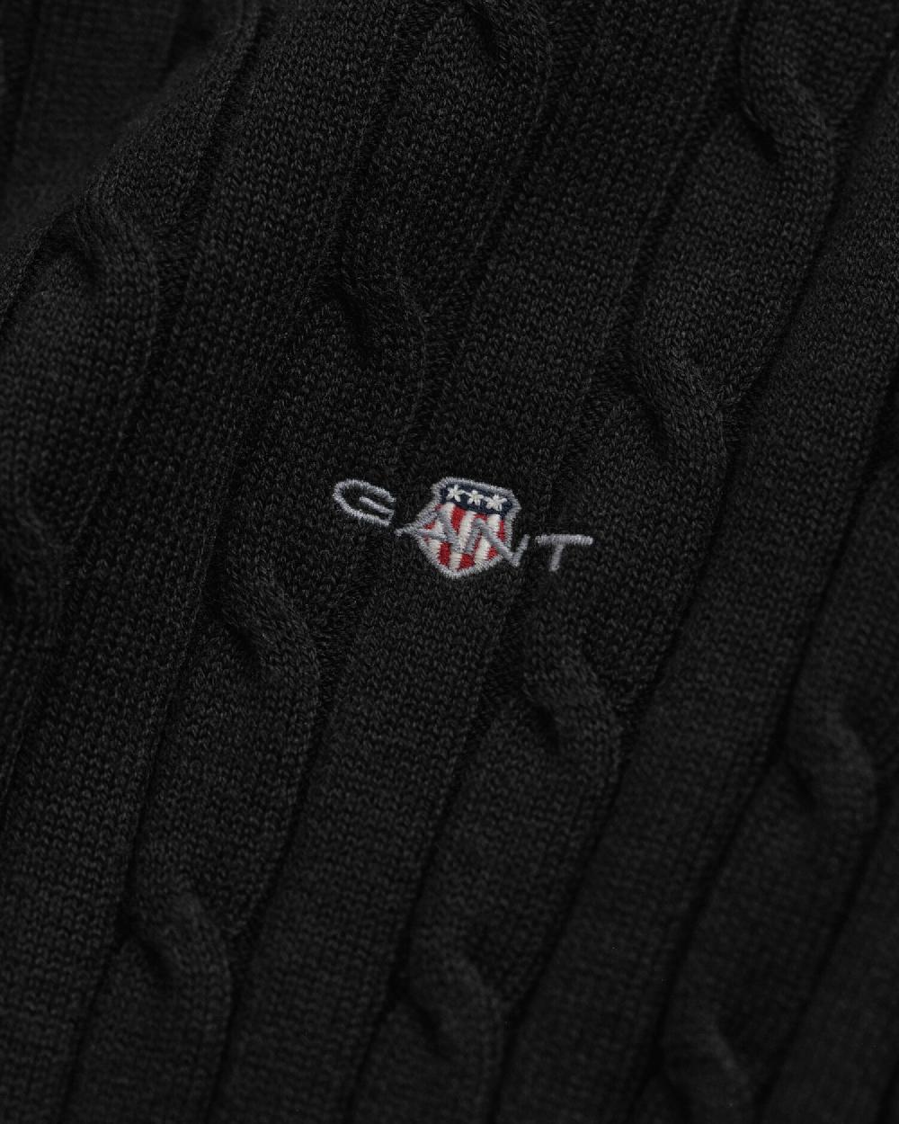 Gant Stretch Cotton Cable Knit Crew Neck Sweater Black