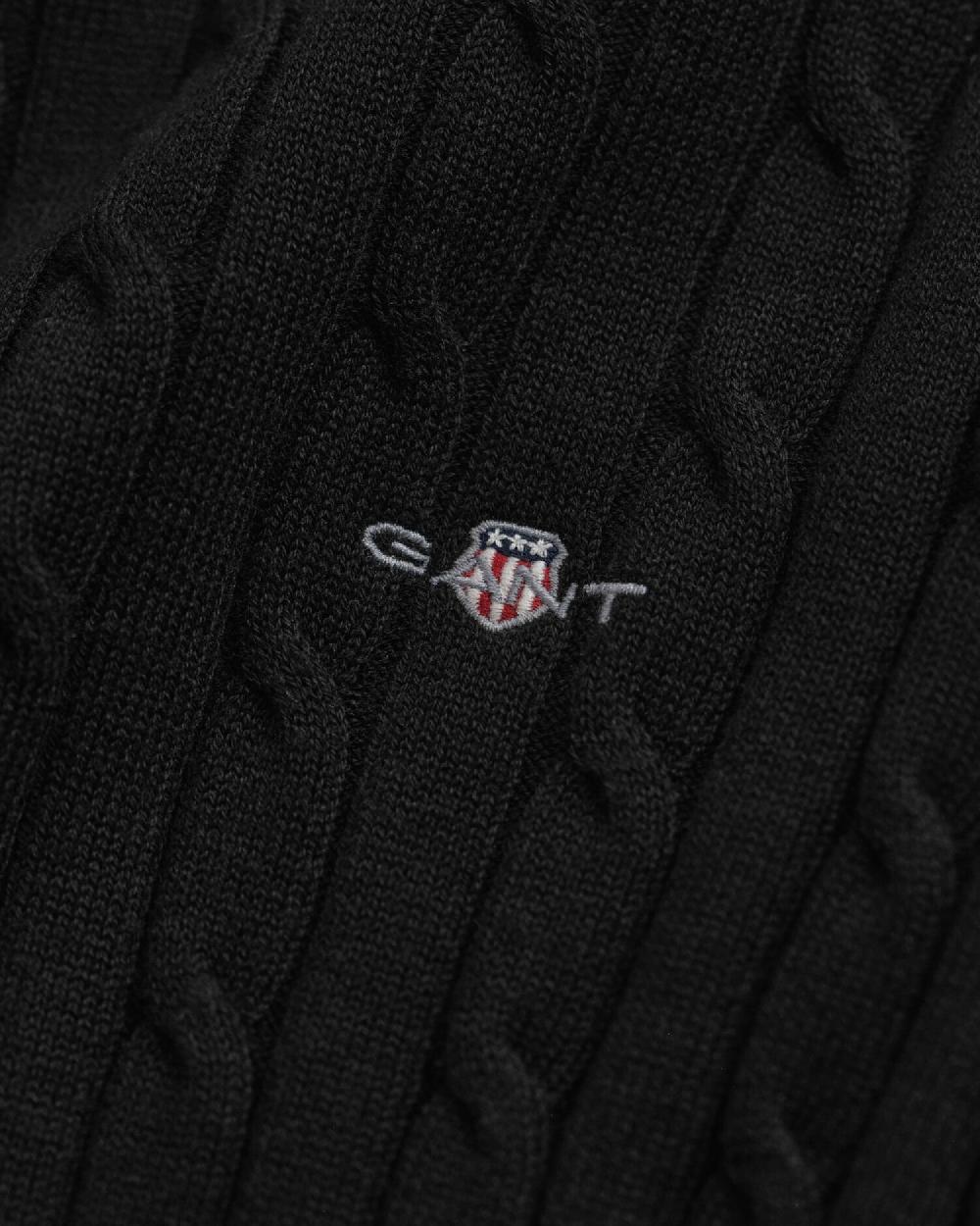 Gant Stretch Cotton Cable Knit Crew Neck Sweater Black