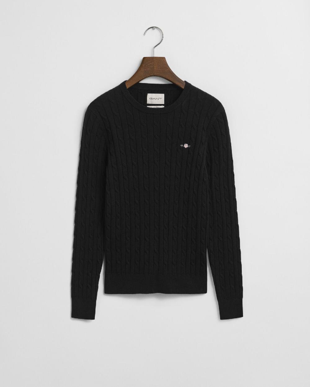 gant Stretch Cotton Cable Knit Crew Neck Sweater black