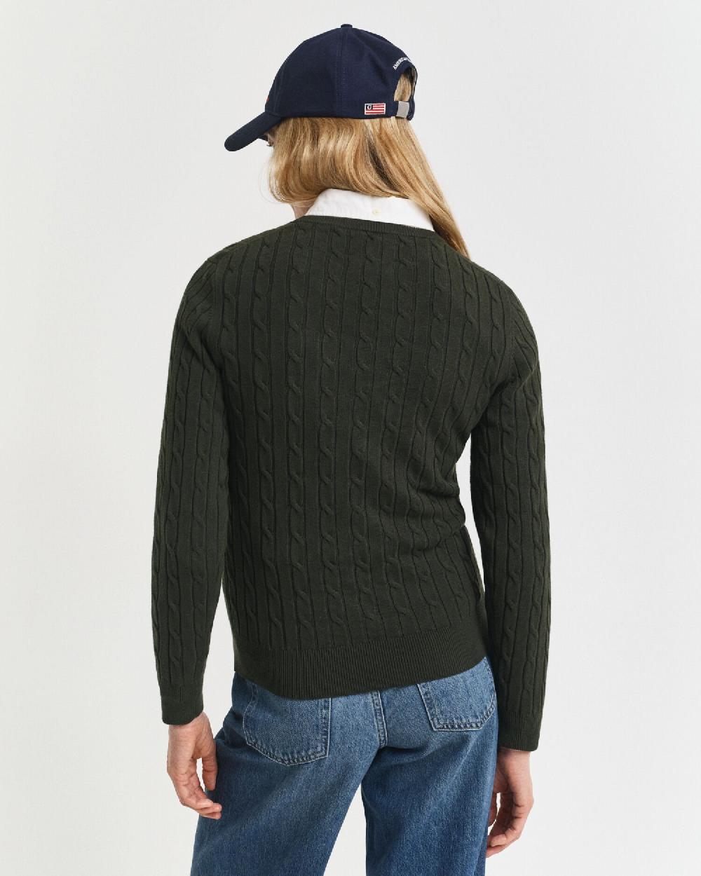 Gant Stretch Cotton Cable Knit Crew Neck Sweater Dark Moss Green
