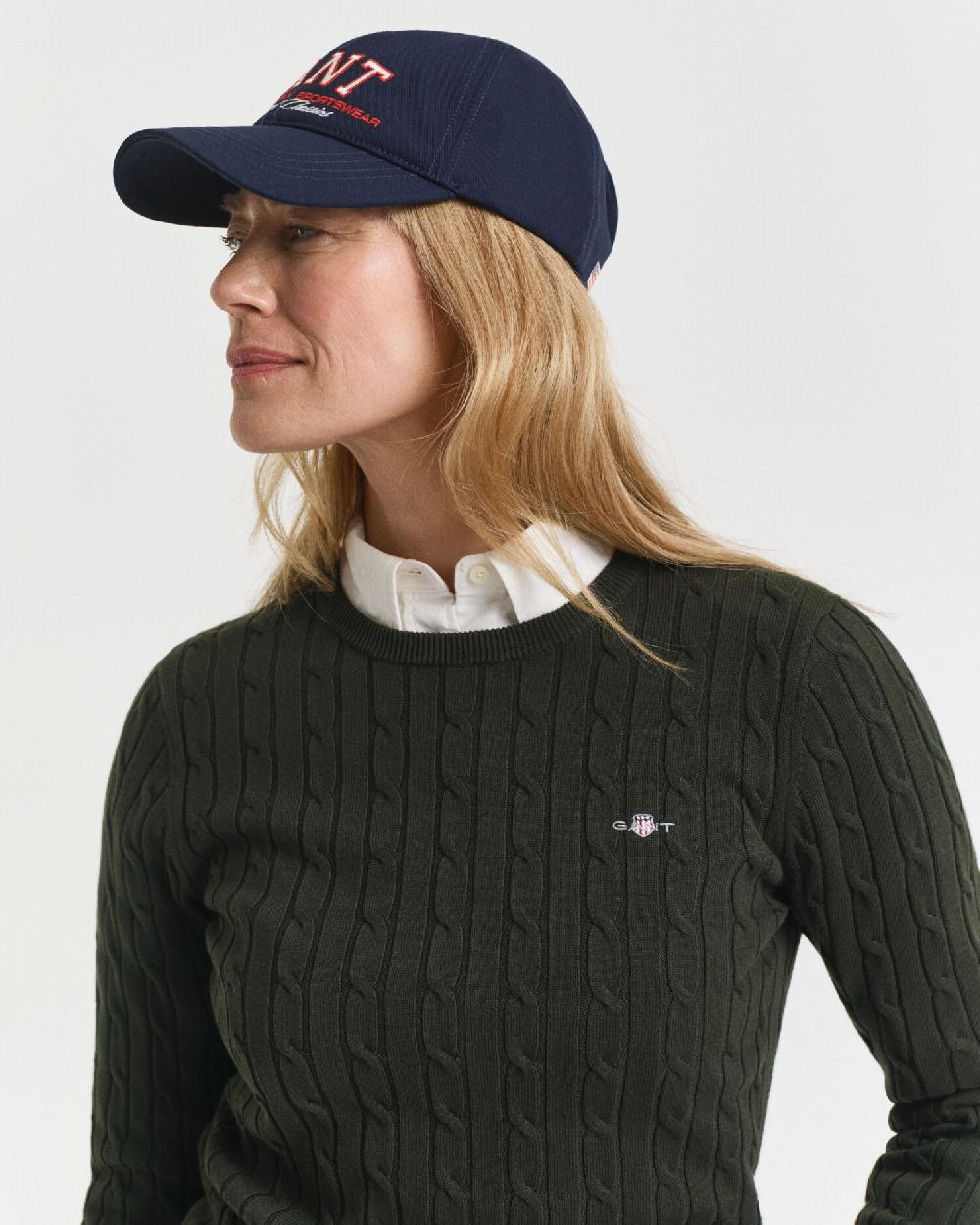 Gant Stretch Cotton Cable Knit Crew Neck Sweater Dark Moss Green
