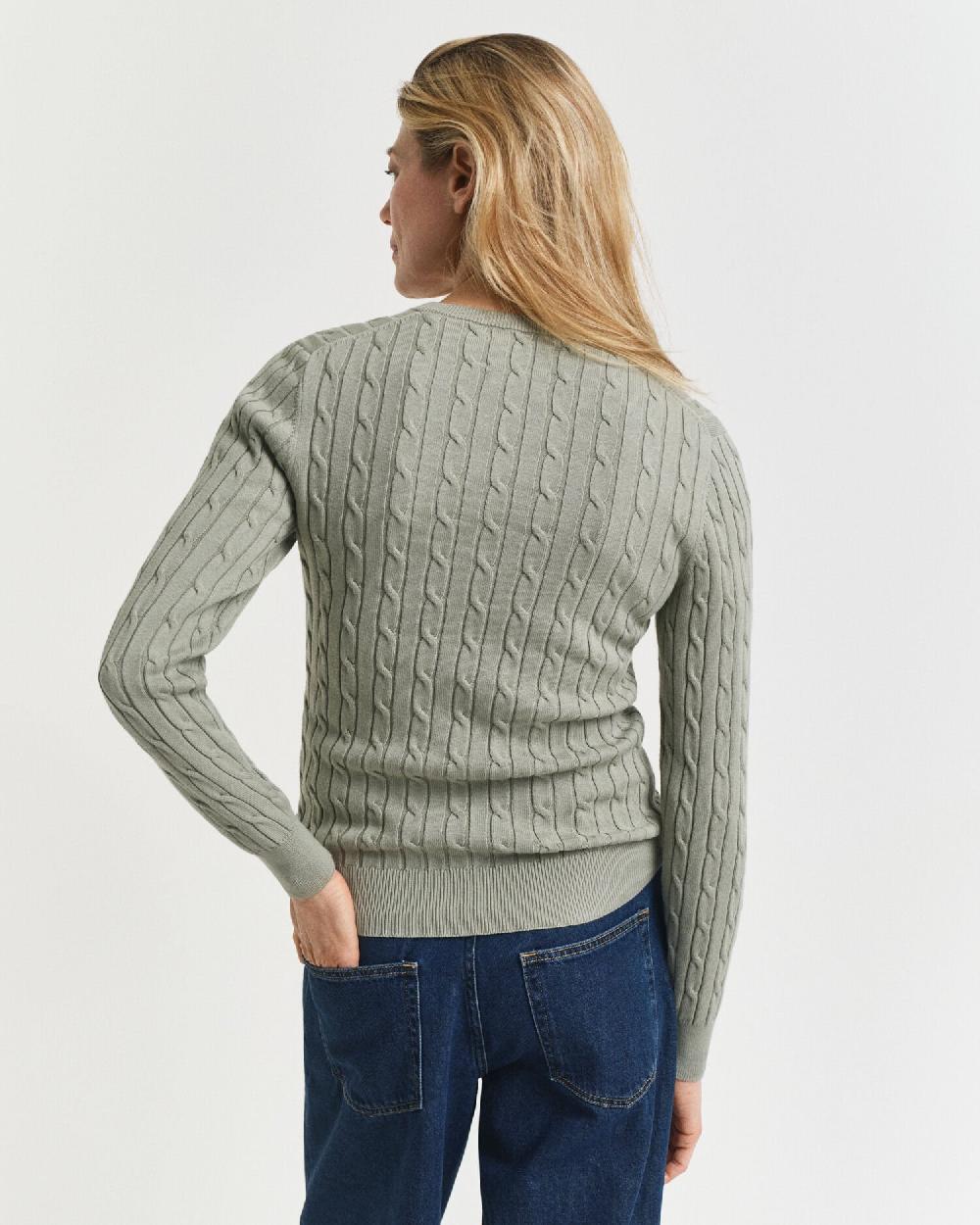 Gant Stretch Cotton Cable Knit Crew Neck Sweater Faded Sage