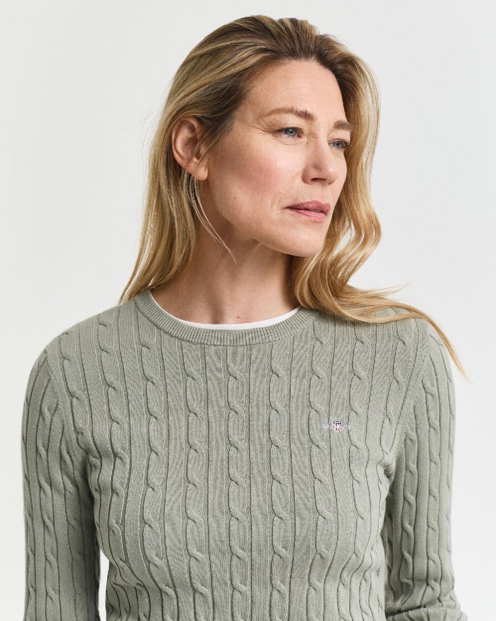 Gant Stretch Cotton Cable Knit Crew Neck Sweater Faded Sage