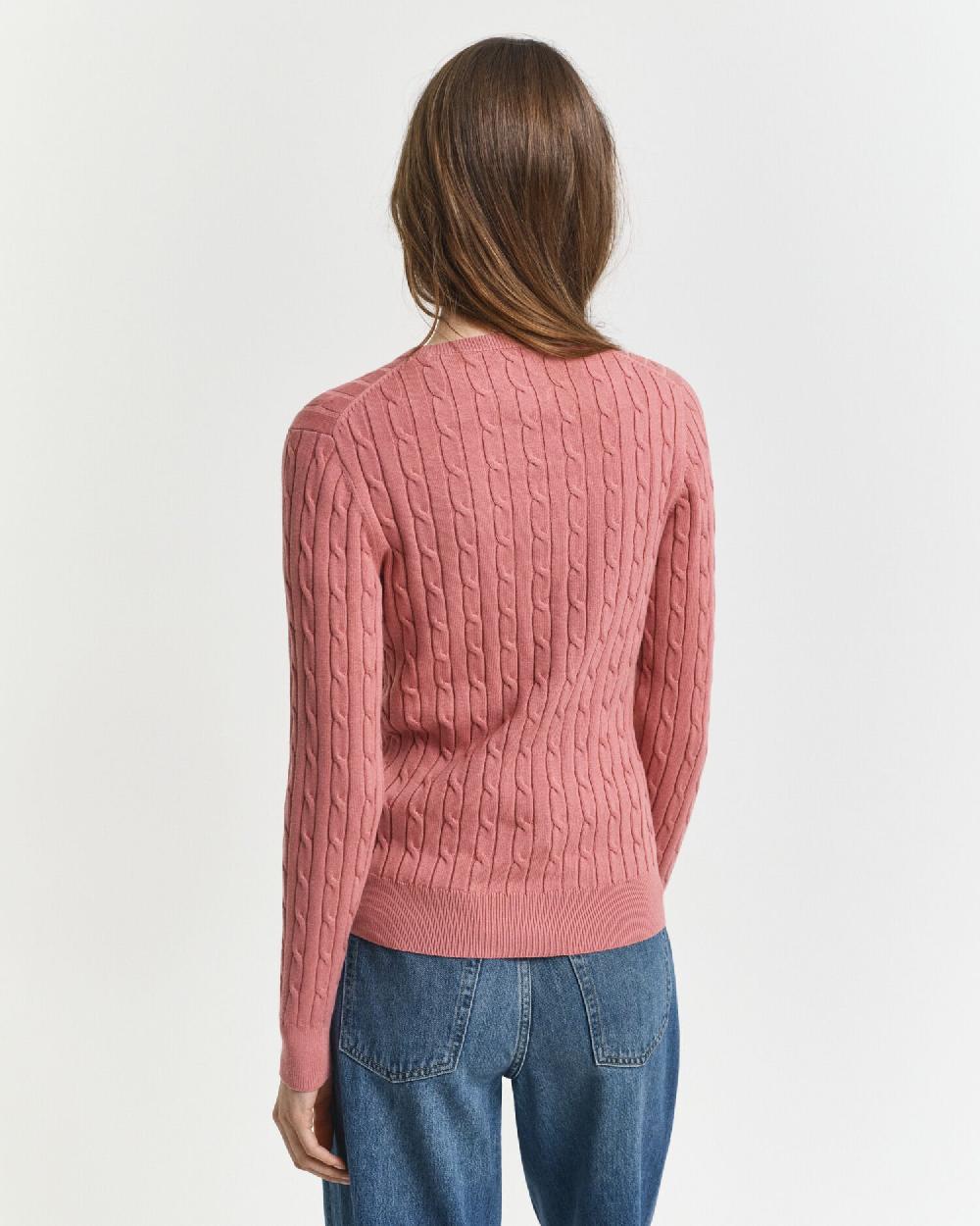 Gant Stretch Cotton Cable Knit Crew Neck Sweater Faded Brick