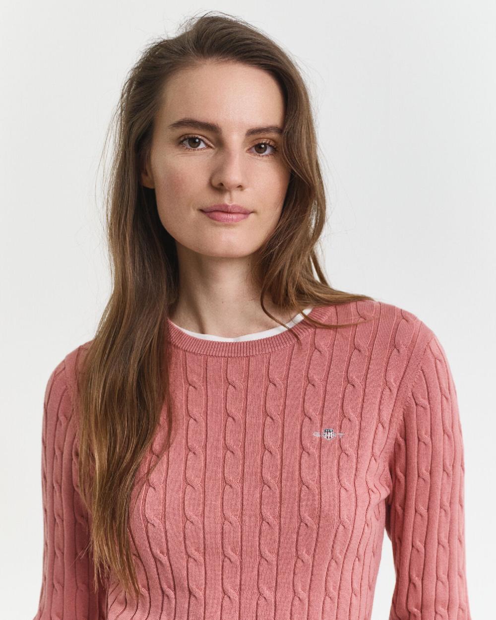 Gant Stretch Cotton Cable Knit Crew Neck Sweater Faded Brick