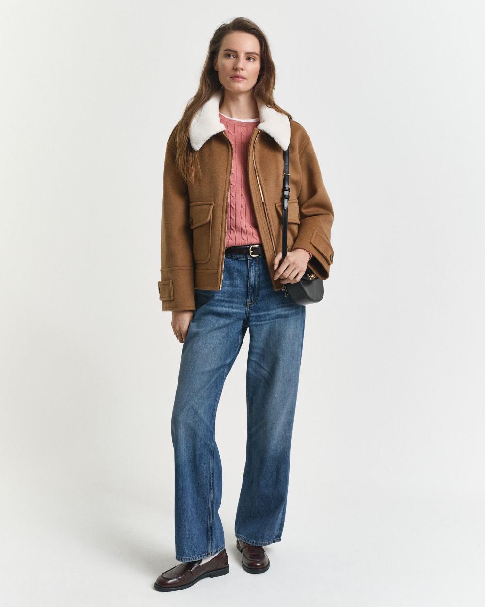 Gant Stretch Cotton Cable Knit Crew Neck Sweater Faded Brick