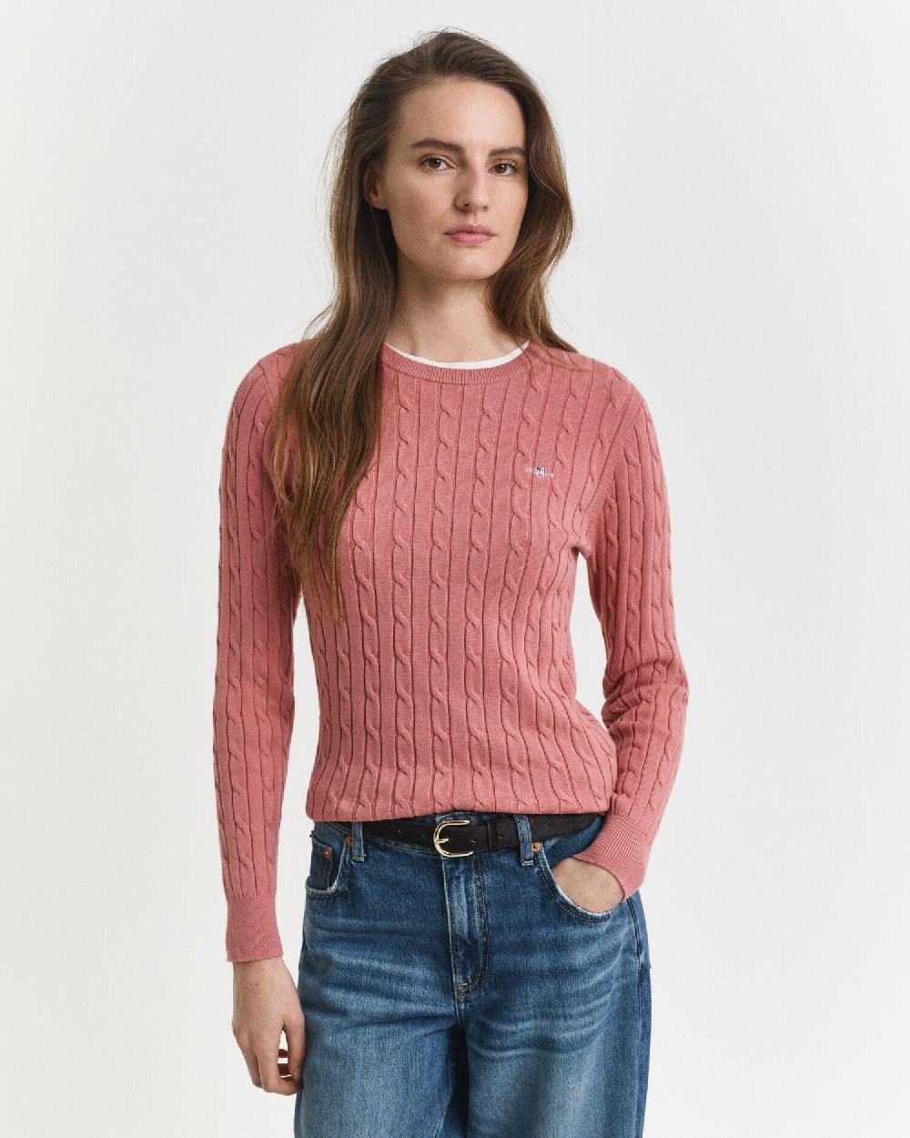 gant Stretch Cotton Cable Knit Crew Neck Sweater faded brick