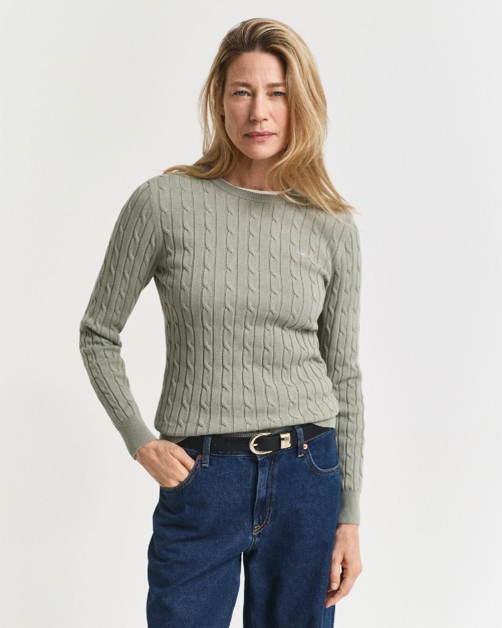 gant Stretch Cotton Cable Knit Crew Neck Sweater faded sage