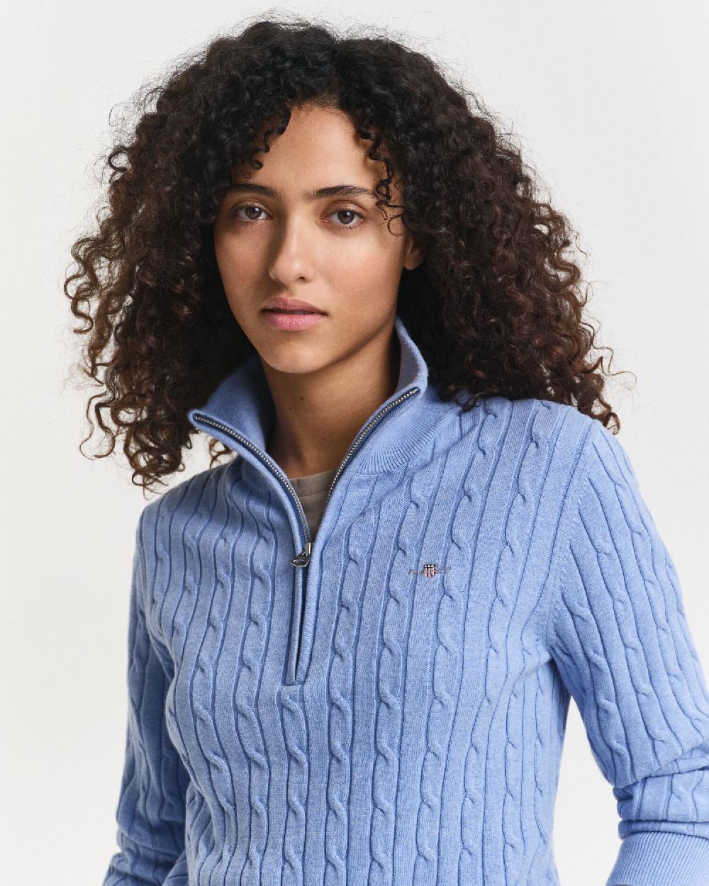 Gant Stretch Cotton Cable Knit Half-Zip Sweater Clear Sky
