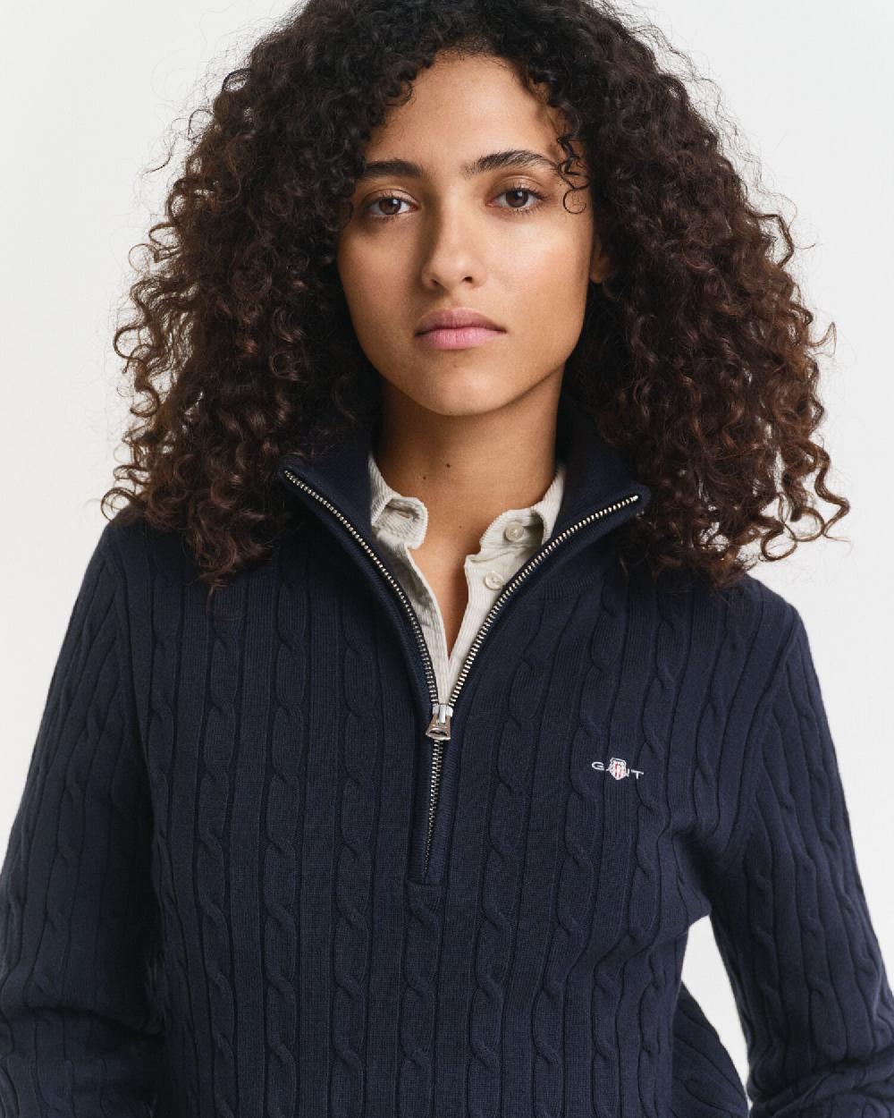 Gant Stretch Cotton Cable Knit Half-Zip Sweater Evening Blue
