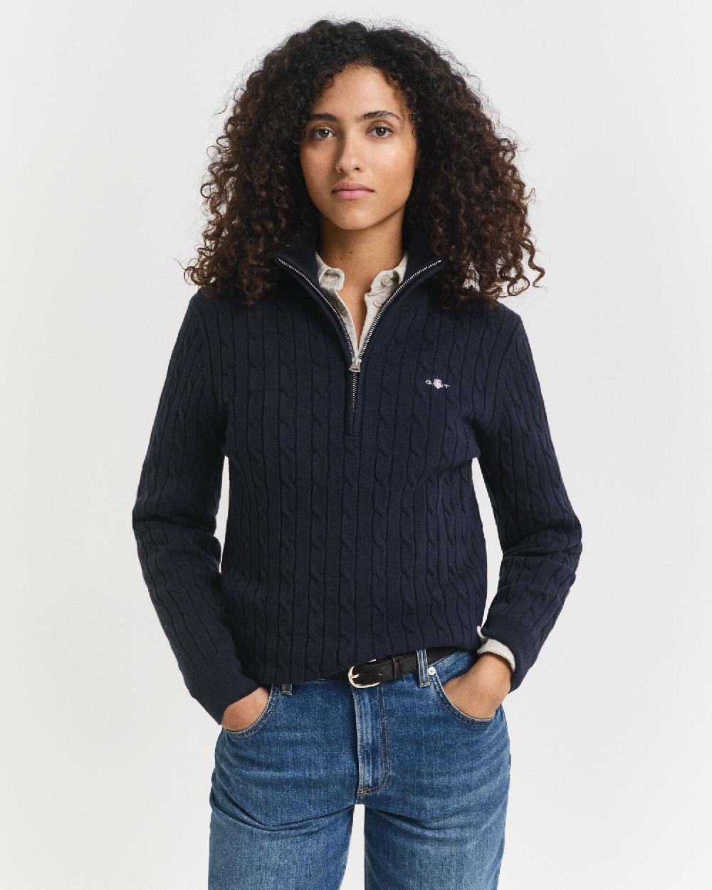 gant Stretch Cotton Cable Knit Half-Zip Sweater evening blue