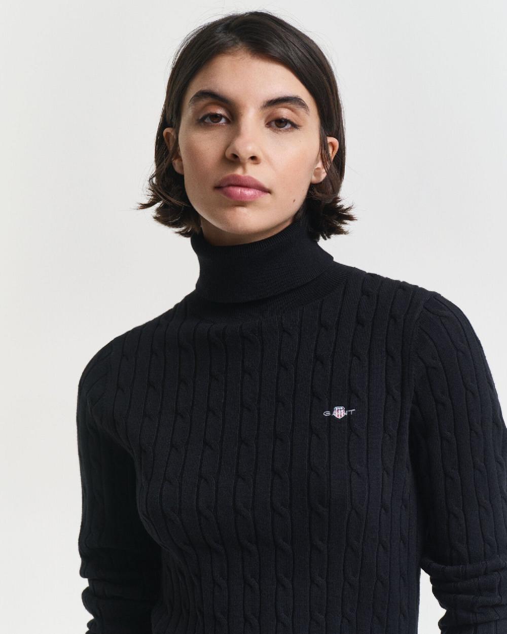 Gant Stretch Cotton Cable Knit Turtleneck Sweater Black