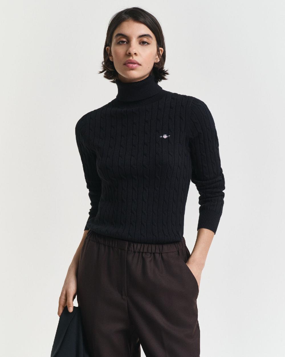 gant Stretch Cotton Cable Knit Turtleneck Sweater black