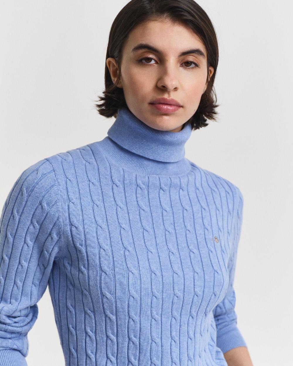 Gant Stretch Cotton Cable Knit Turtleneck Sweater Clear Sky