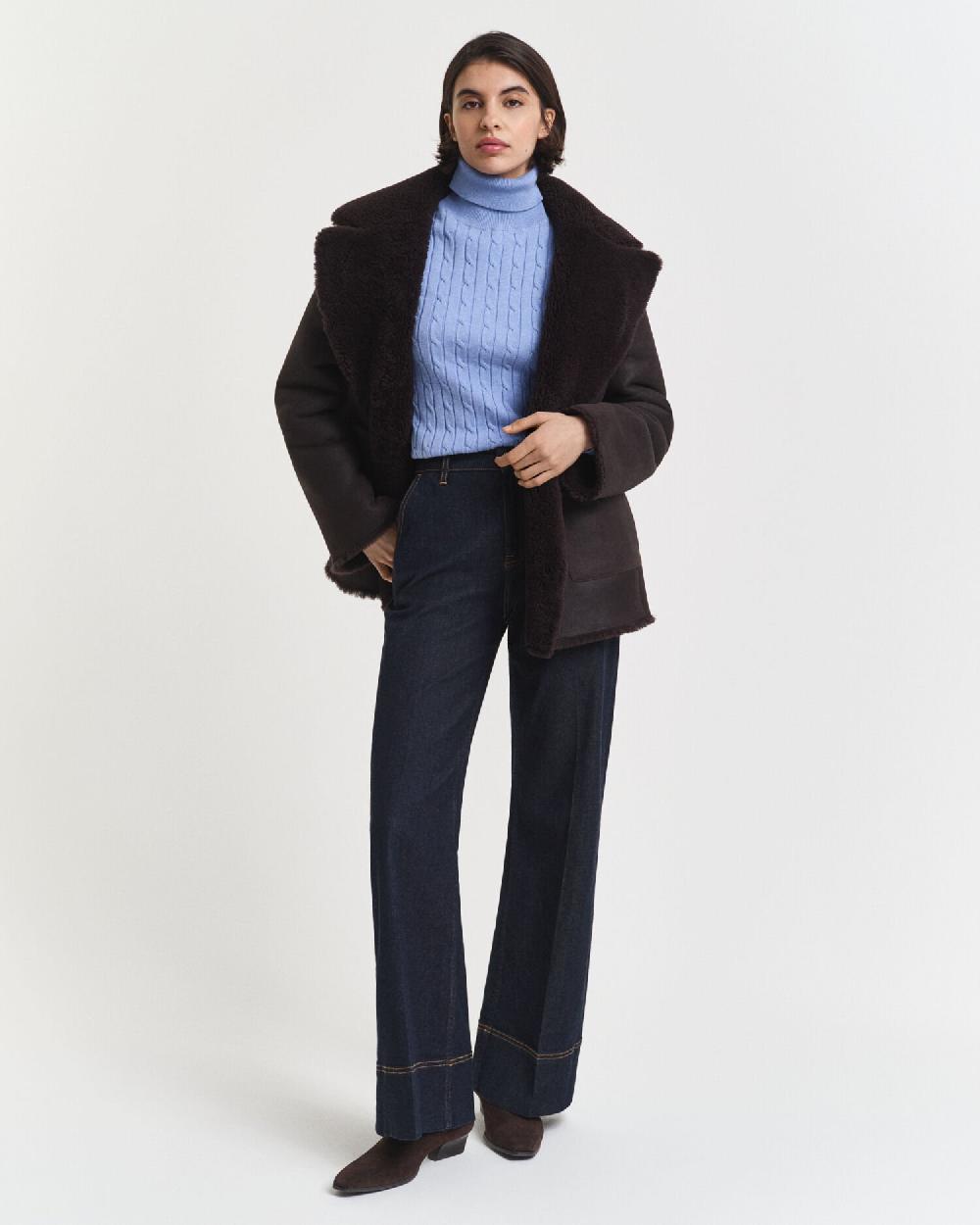 Gant Stretch Cotton Cable Knit Turtleneck Sweater Clear Sky