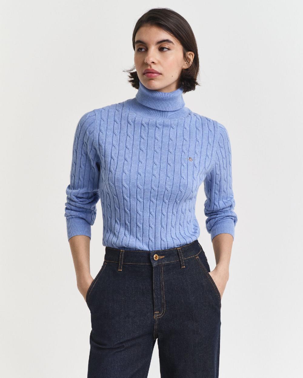 gant Stretch Cotton Cable Knit Turtleneck Sweater clear sky