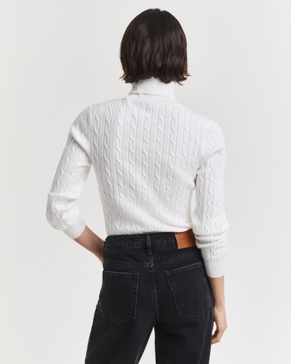 Gant Stretch Cotton Cable Knit Turtleneck Sweater Eggshell