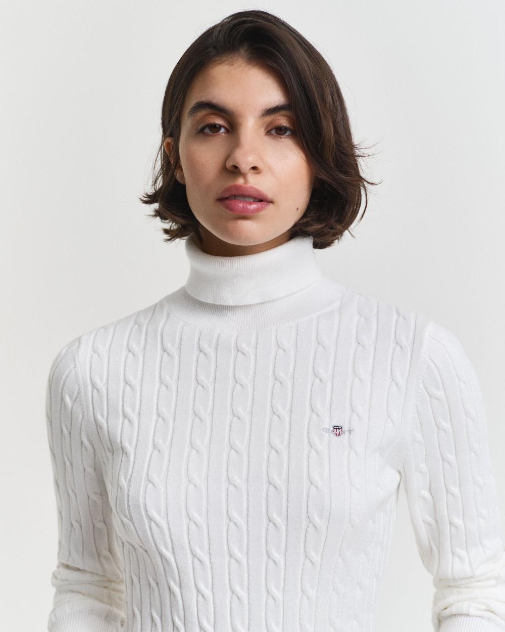 Gant Stretch Cotton Cable Knit Turtleneck Sweater Eggshell
