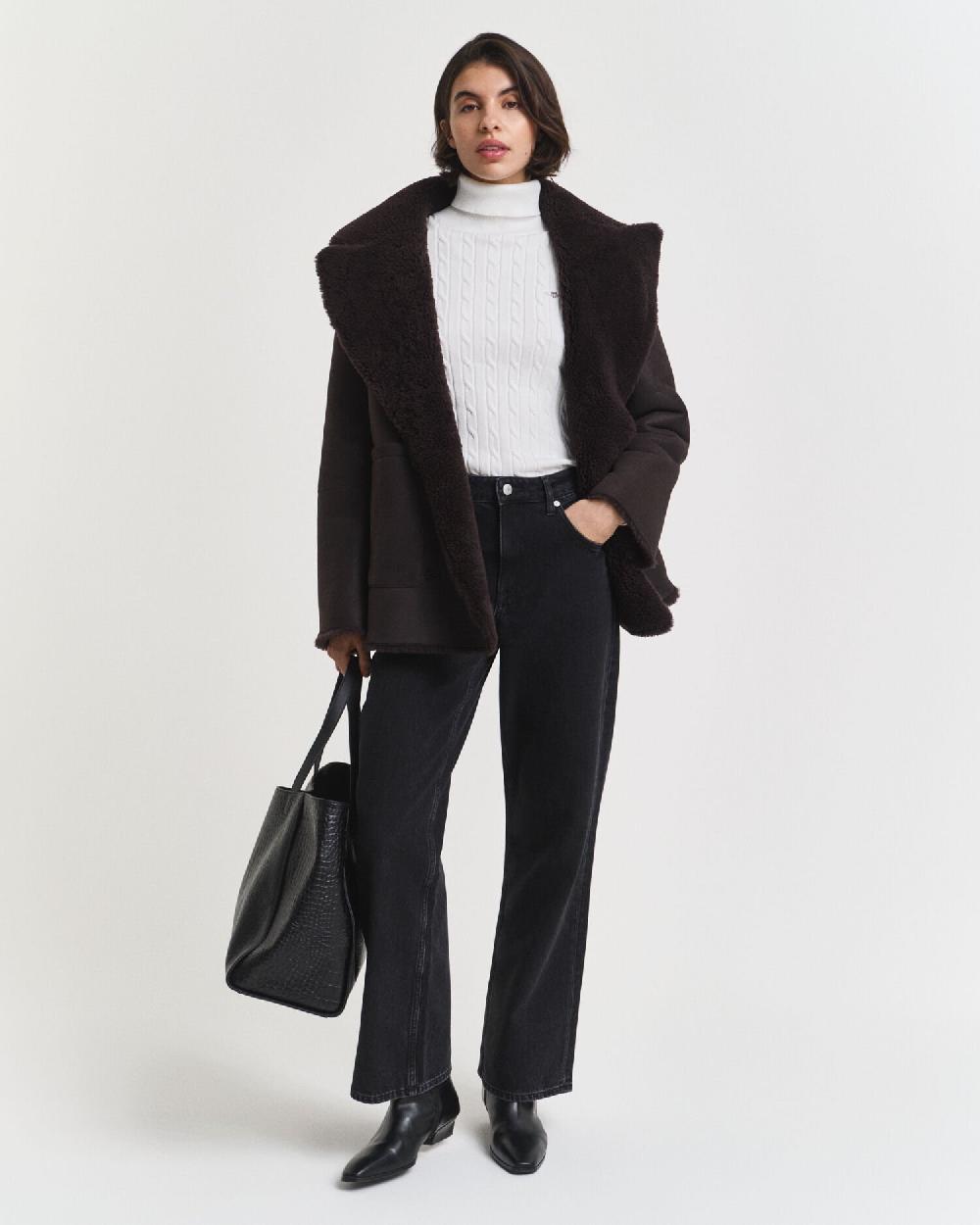 Gant Stretch Cotton Cable Knit Turtleneck Sweater Eggshell