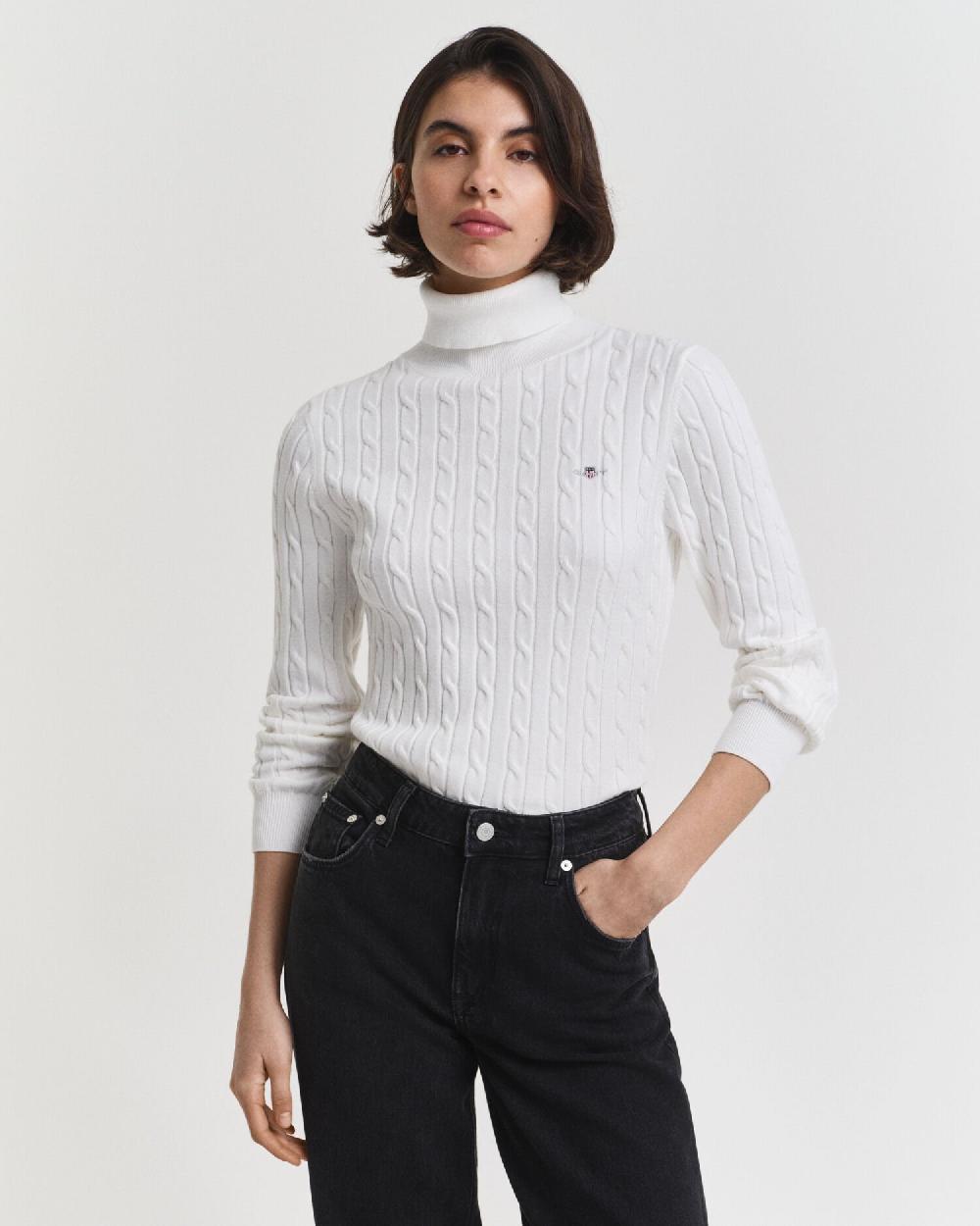 gant Stretch Cotton Cable Knit Turtleneck Sweater eggshell