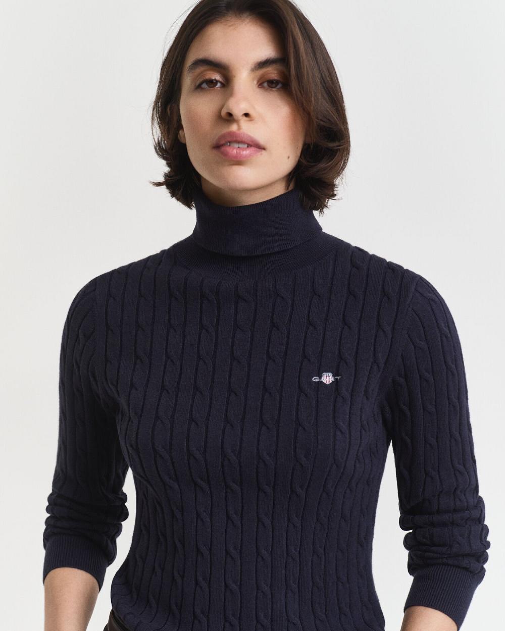 Gant Stretch Cotton Cable Knit Turtleneck Sweater Evening Blue
