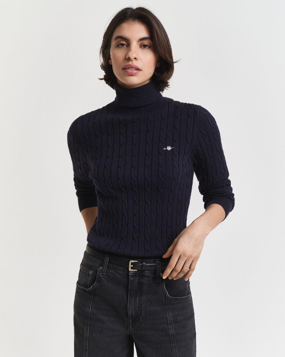 gant Stretch Cotton Cable Knit Turtleneck Sweater evening blue