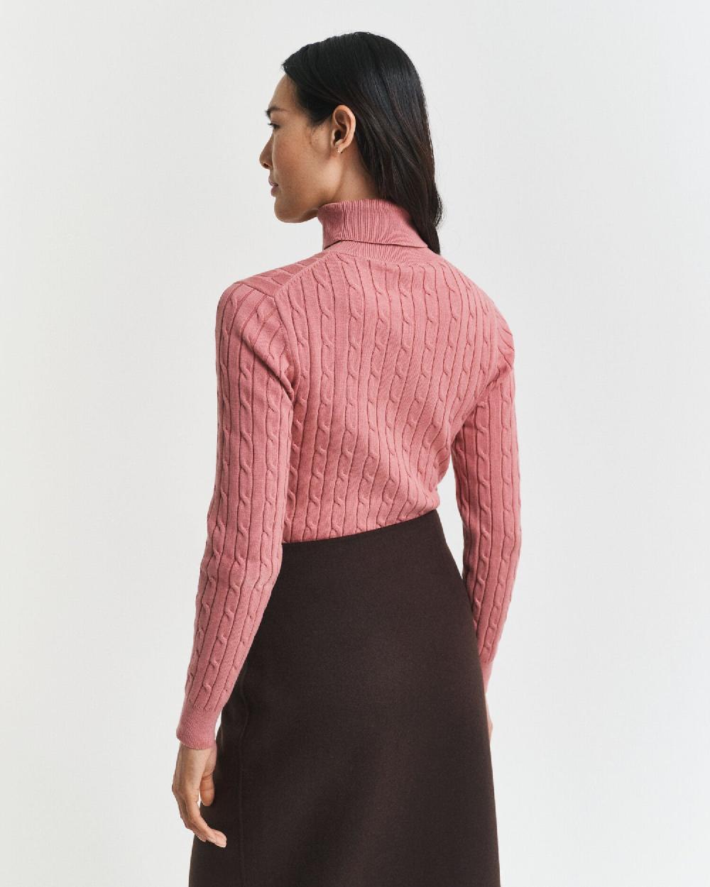 Gant Stretch Cotton Cable Knit Turtleneck Sweater Faded Brick