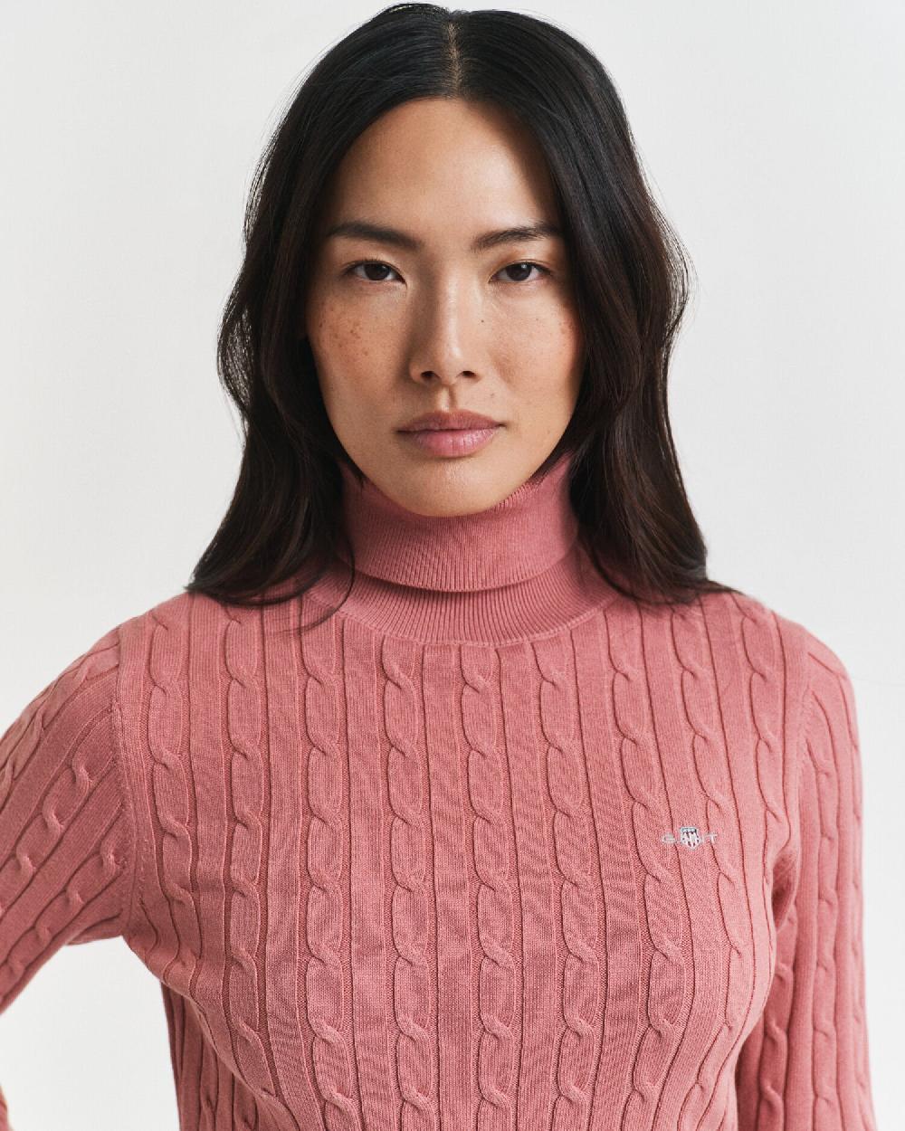 Gant Stretch Cotton Cable Knit Turtleneck Sweater Faded Brick