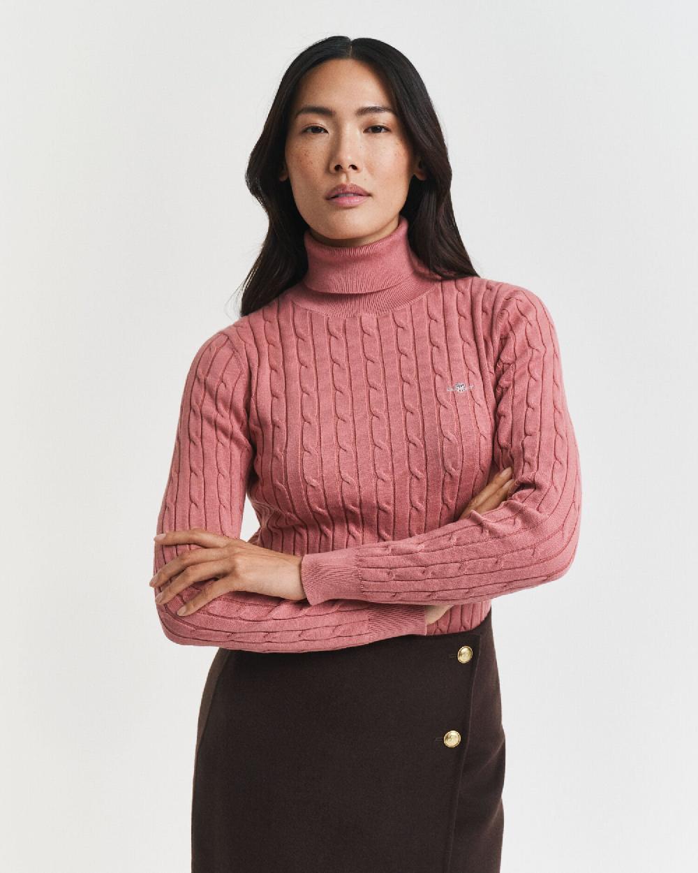 gant Stretch Cotton Cable Knit Turtleneck Sweater faded brick