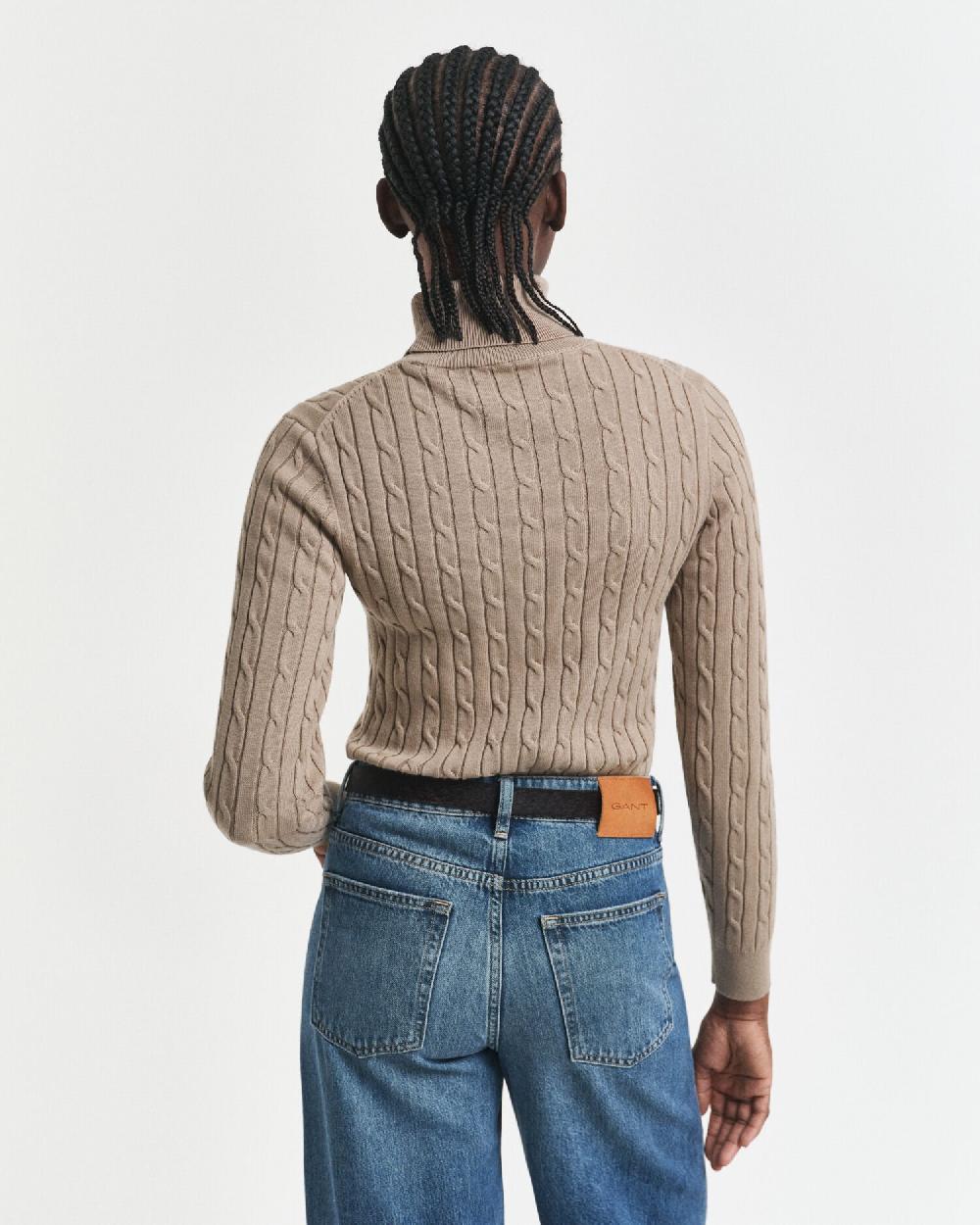 Gant Stretch Cotton Cable Knit Turtleneck Sweater Taupe Beige