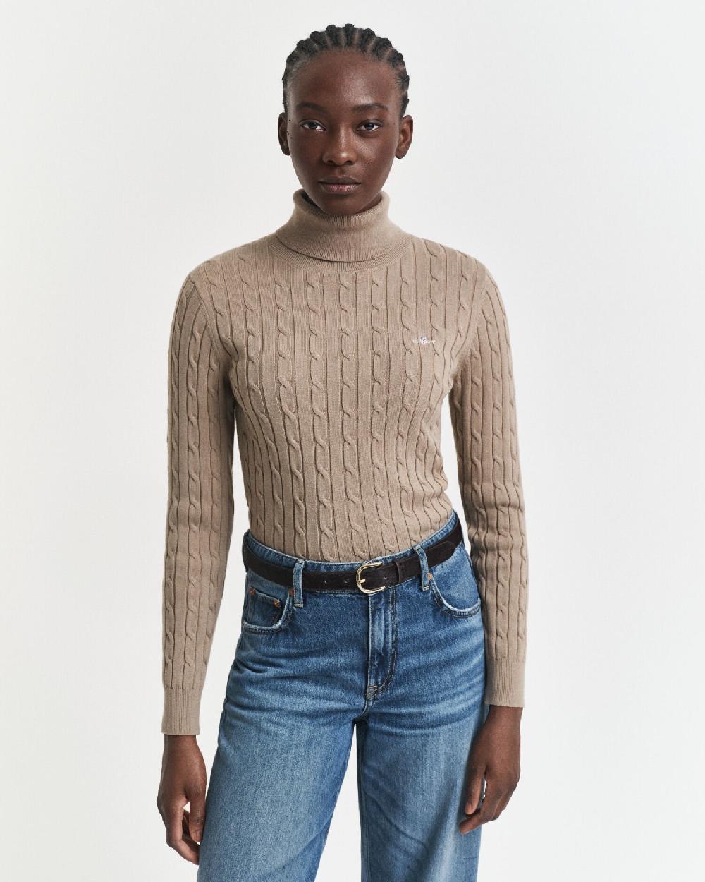 gant Stretch Cotton Cable Knit Turtleneck Sweater taupe beige