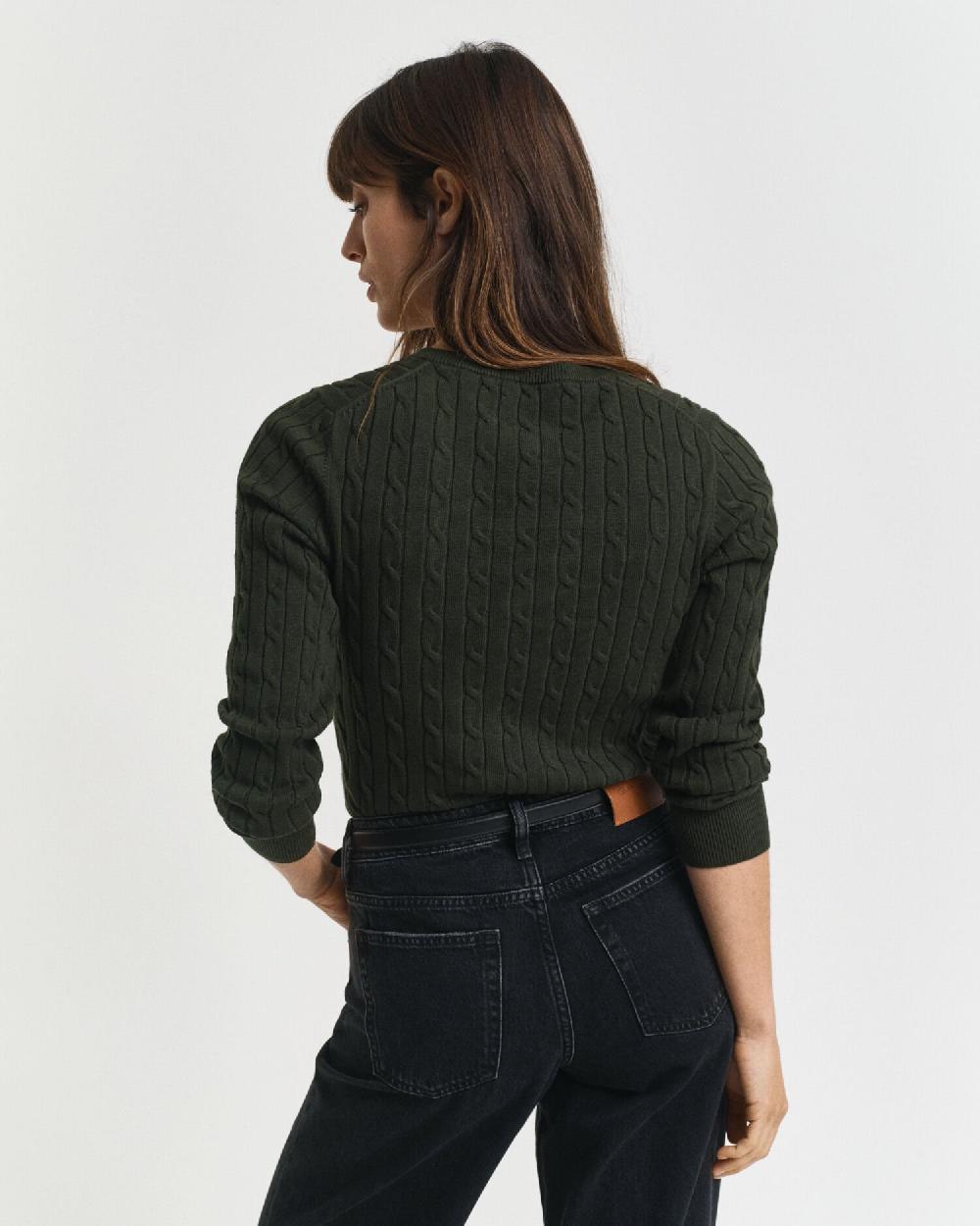 Gant Stretch Cotton Cable Knit V-Neck Sweater Dark Moss Green