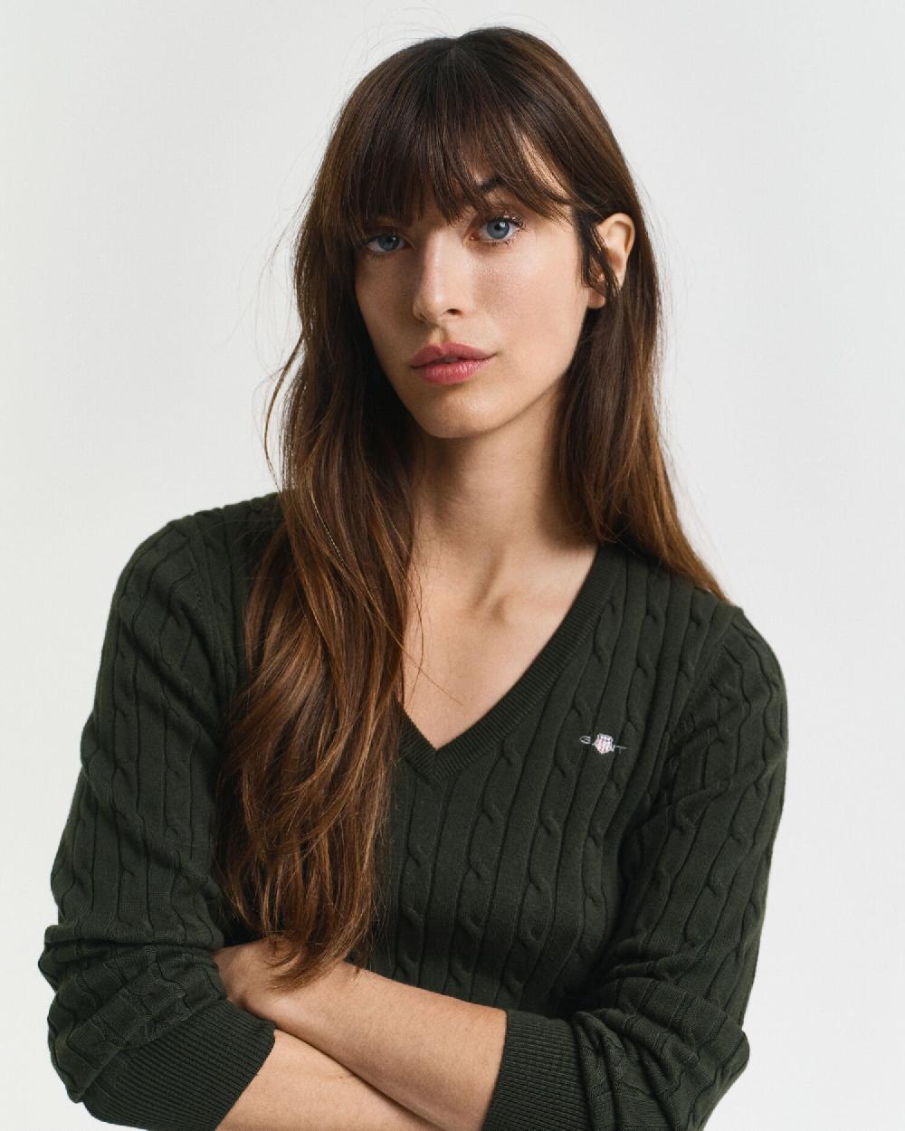 Gant Stretch Cotton Cable Knit V-Neck Sweater Dark Moss Green