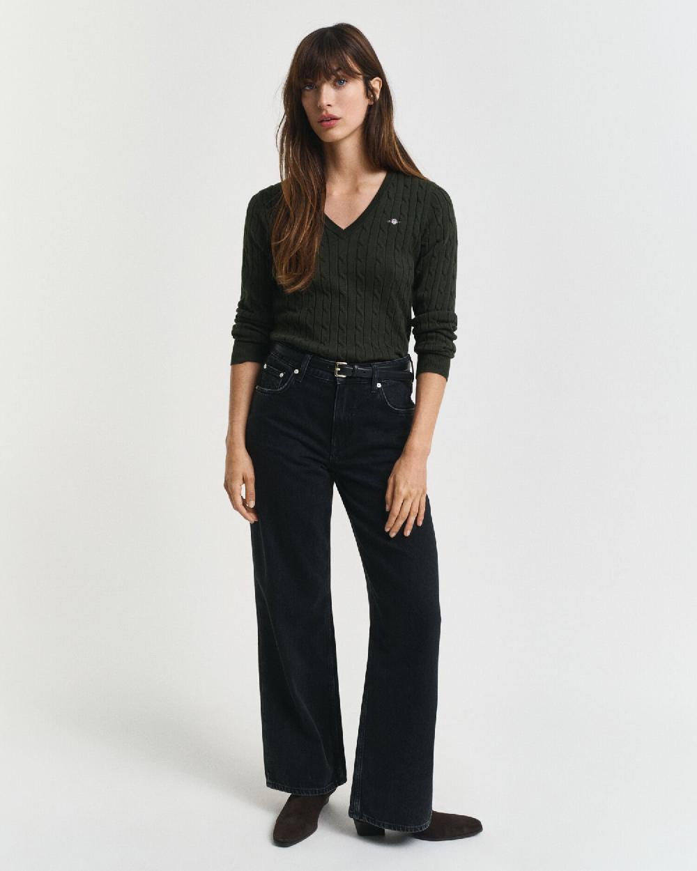 Gant Stretch Cotton Cable Knit V-Neck Sweater Dark Moss Green