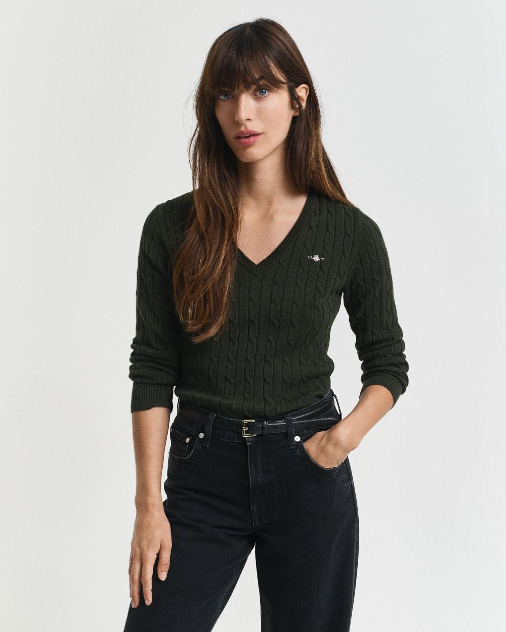 gant Stretch Cotton Cable Knit V-Neck Sweater dark moss green