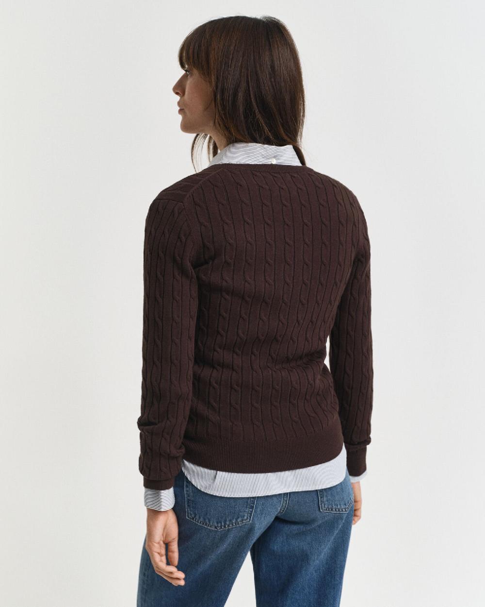 Gant Stretch Cotton Cable Knit V-Neck Sweater Deep Brown