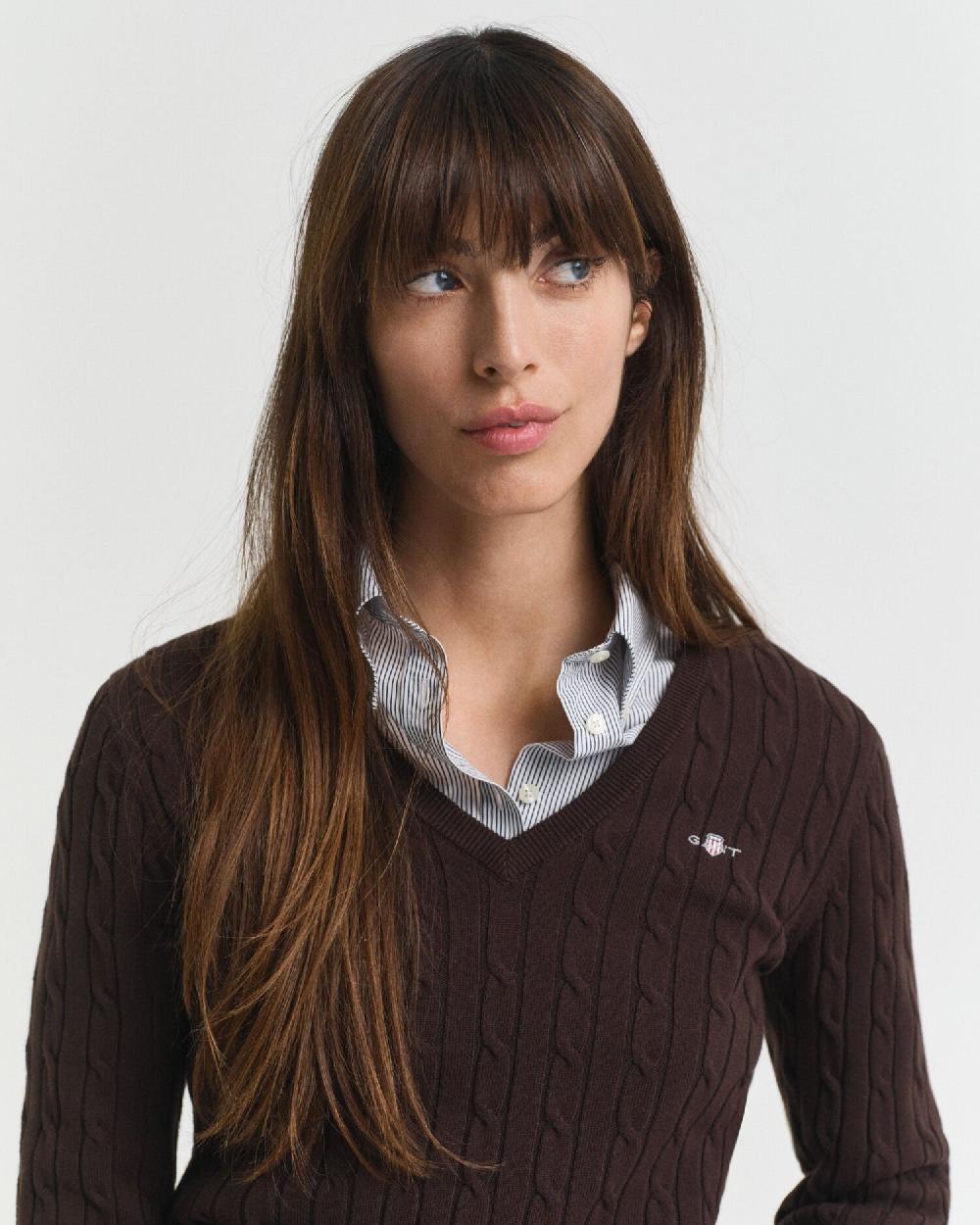 Gant Stretch Cotton Cable Knit V-Neck Sweater Deep Brown