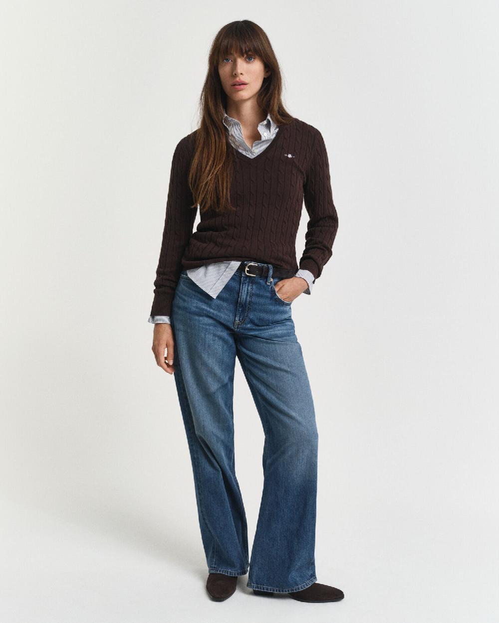 Gant Stretch Cotton Cable Knit V-Neck Sweater Deep Brown