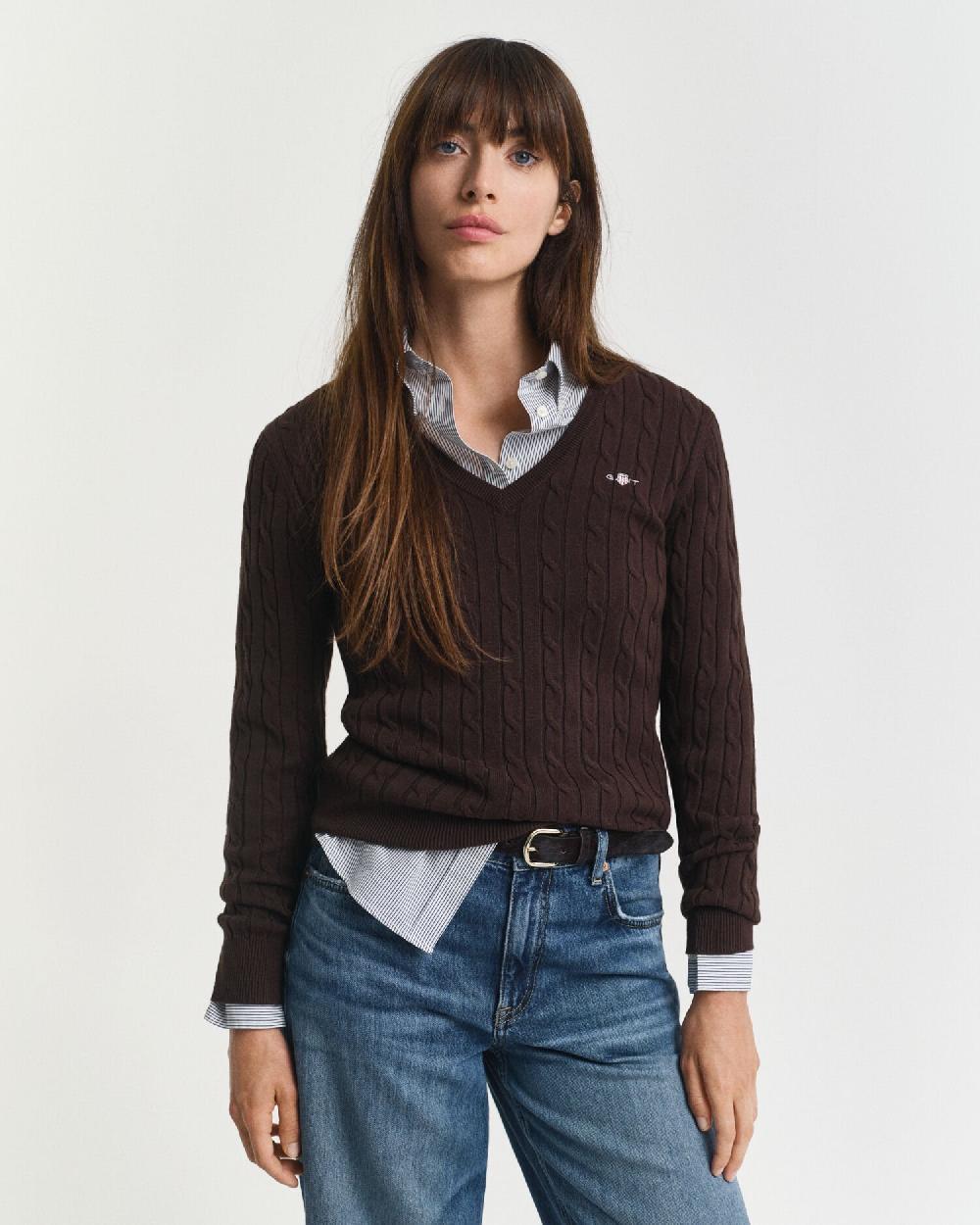 gant Stretch Cotton Cable Knit V-Neck Sweater deep brown