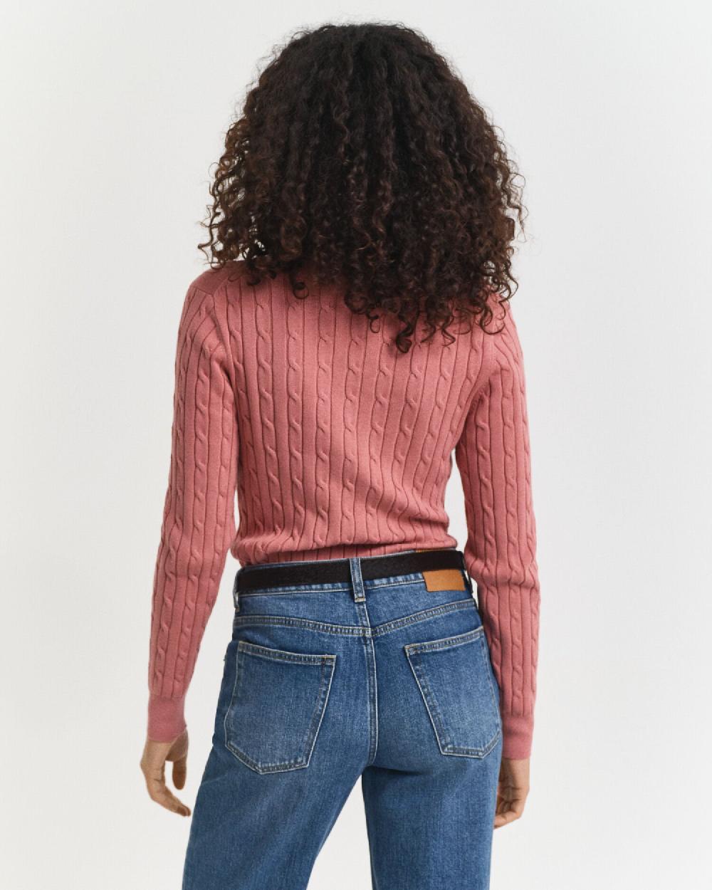 Gant Stretch Cotton Cable Knit V-Neck Sweater Faded Brick