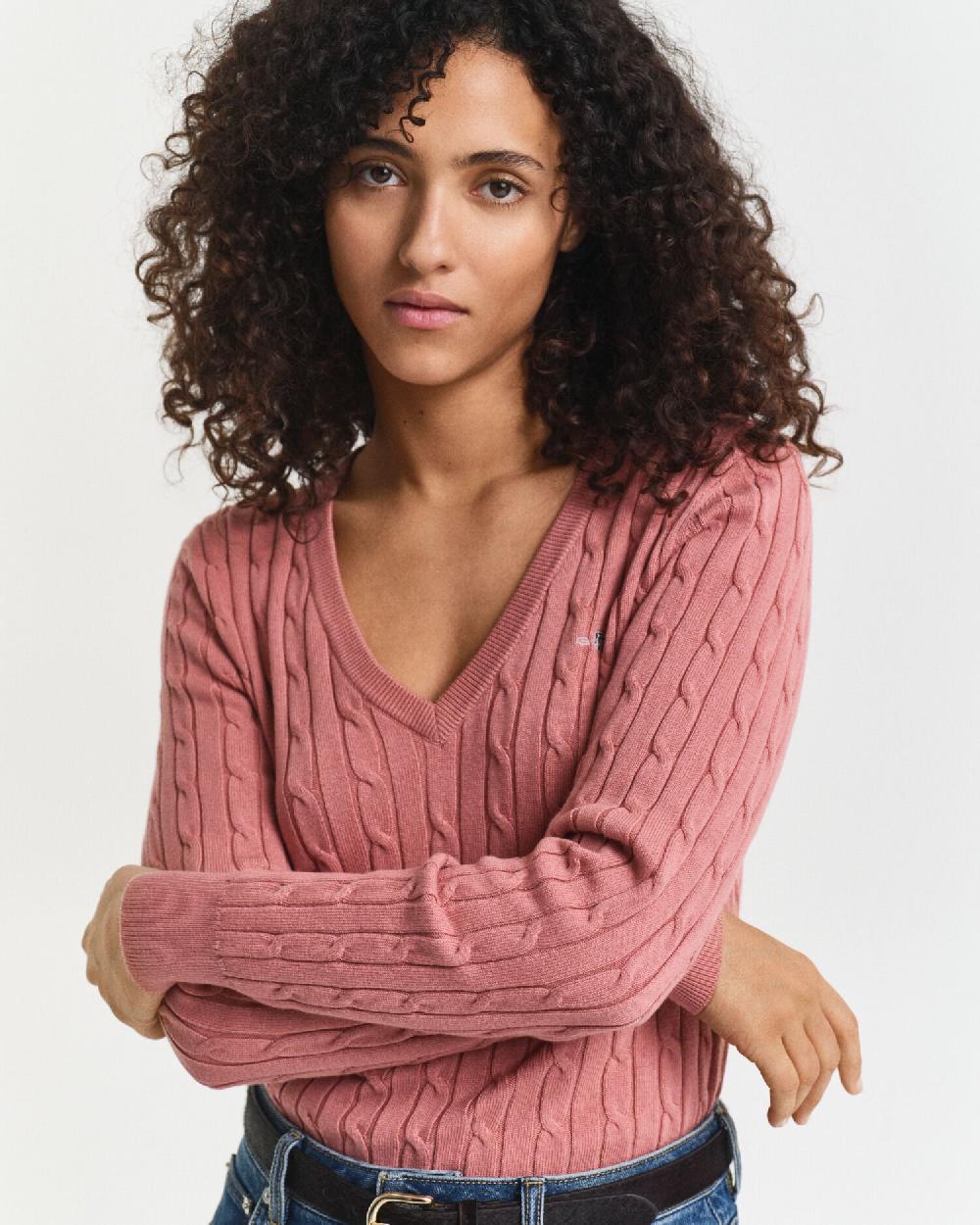 Gant Stretch Cotton Cable Knit V-Neck Sweater Faded Brick