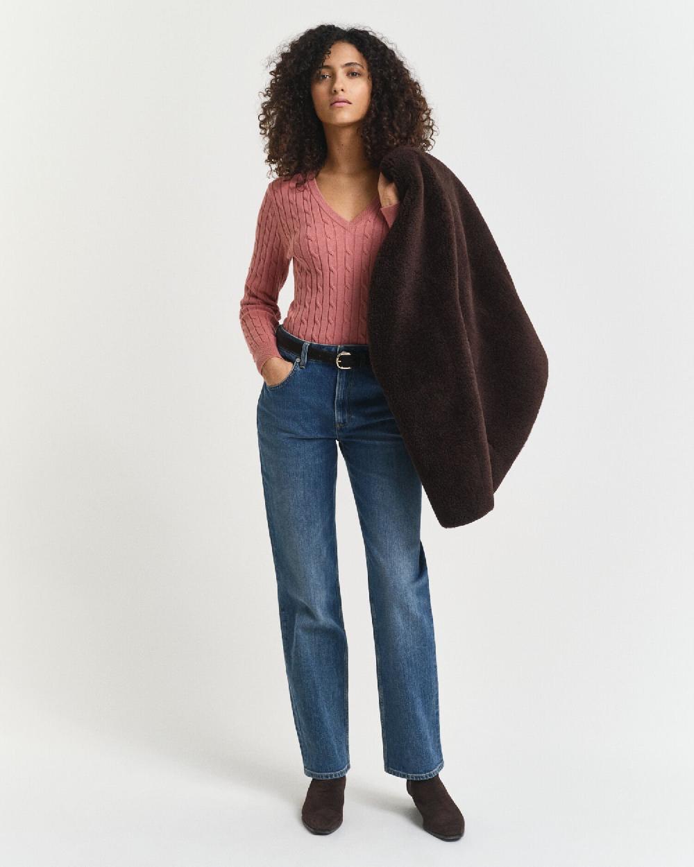 Gant Stretch Cotton Cable Knit V-Neck Sweater Faded Brick