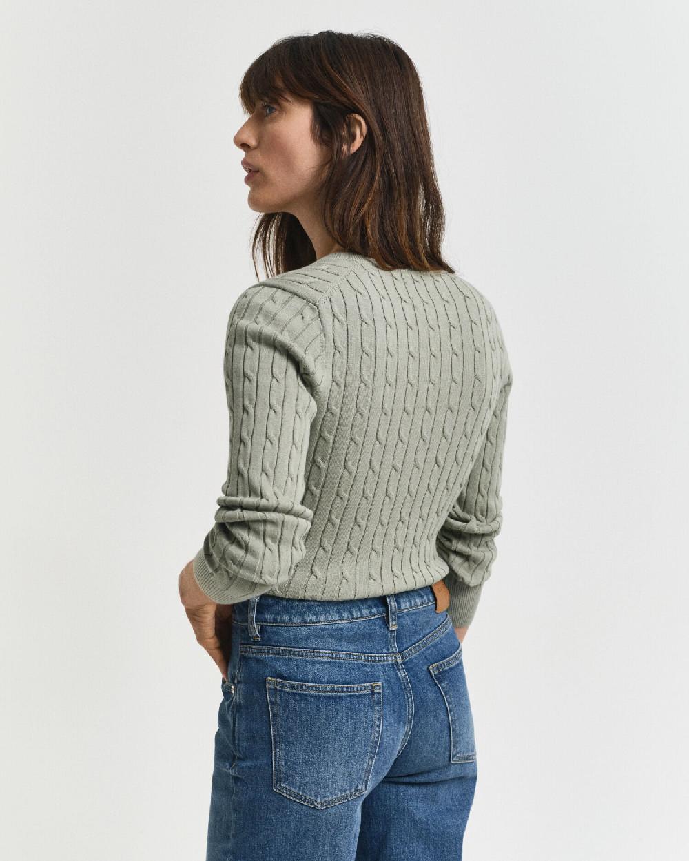 Gant Stretch Cotton Cable Knit V-Neck Sweater Faded Sage