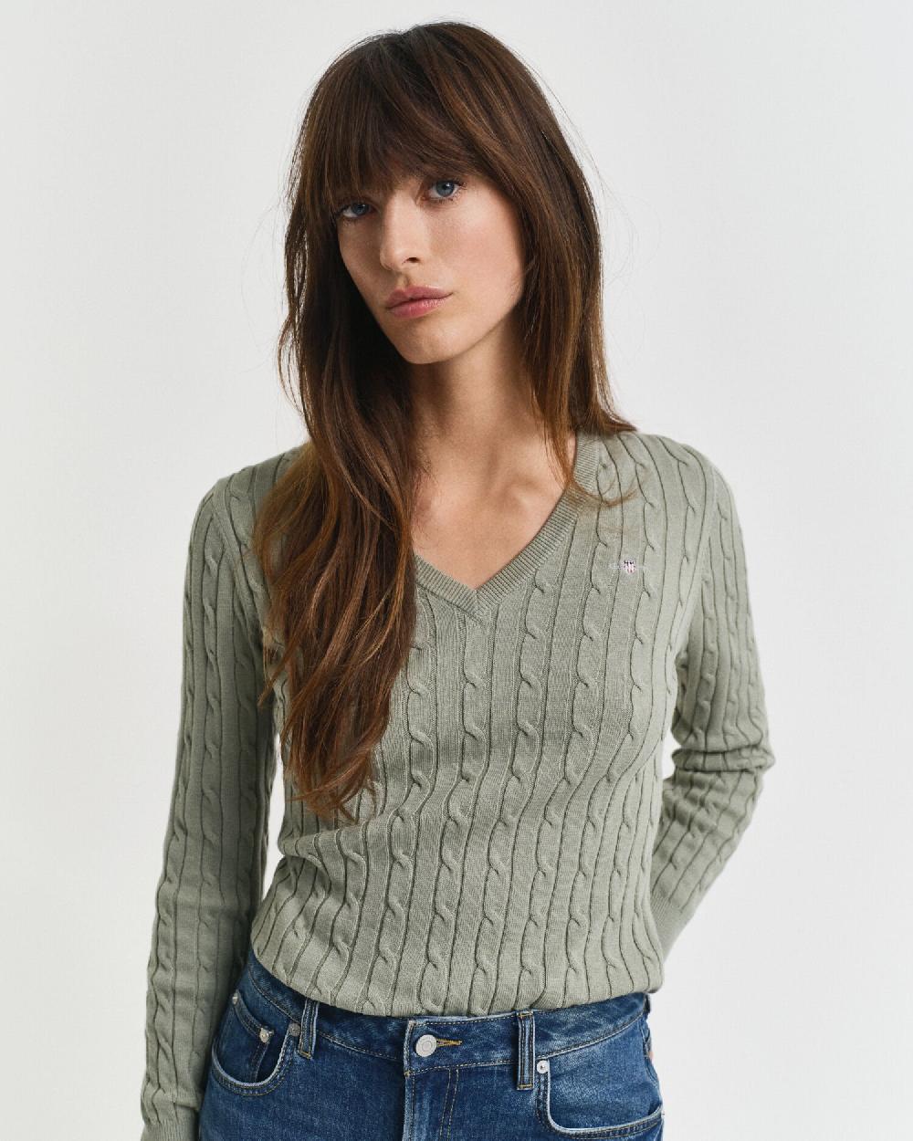 Gant Stretch Cotton Cable Knit V-Neck Sweater Faded Sage
