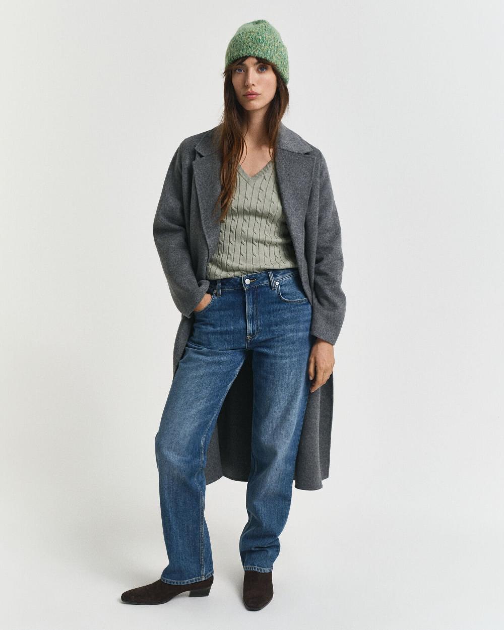 Gant Stretch Cotton Cable Knit V-Neck Sweater Faded Sage