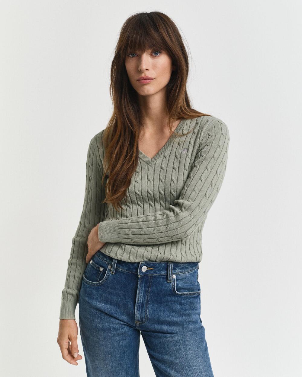 gant Stretch Cotton Cable Knit V-Neck Sweater faded sage