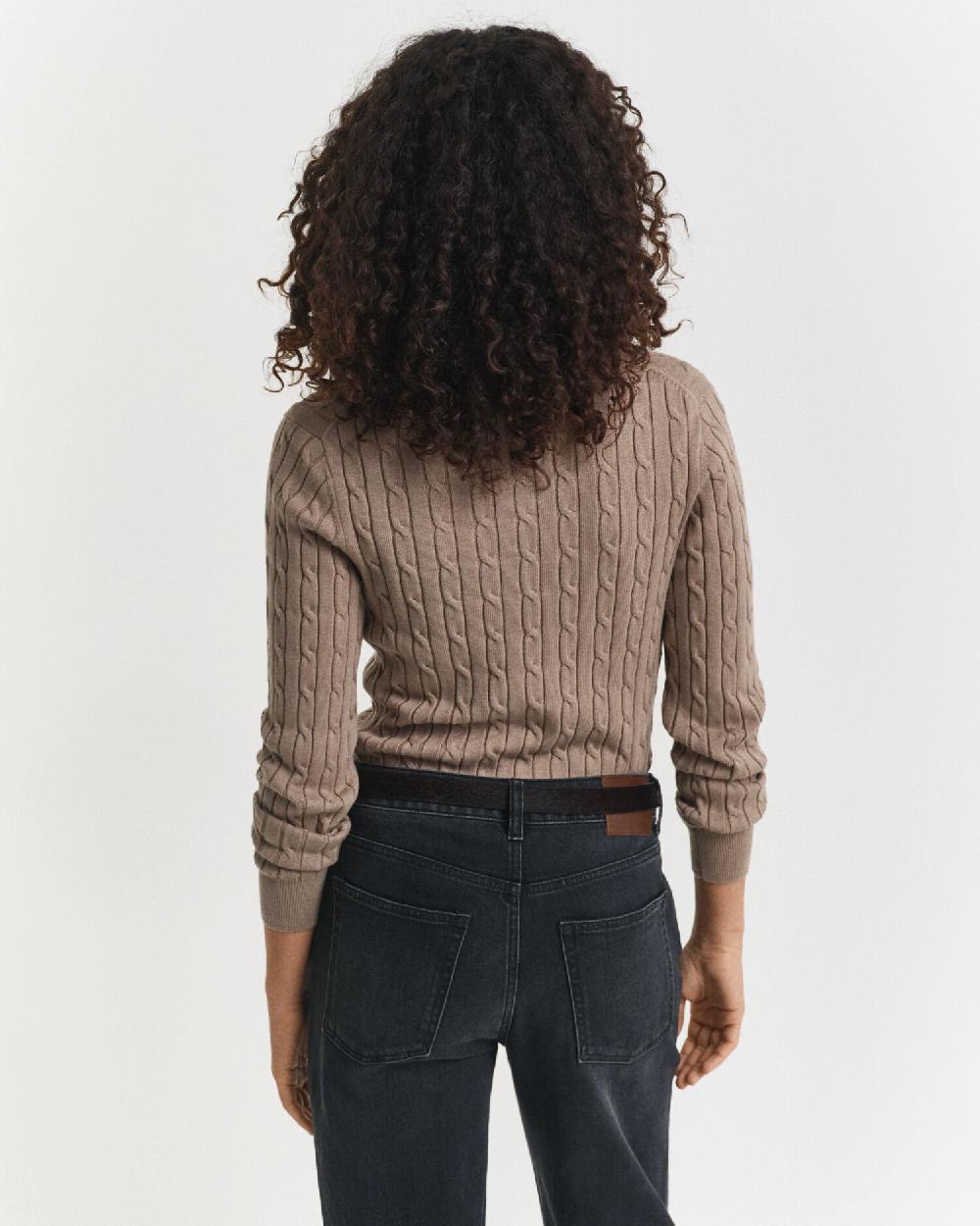 Gant Stretch Cotton Cable Knit V-Neck Sweater Taupe Beige