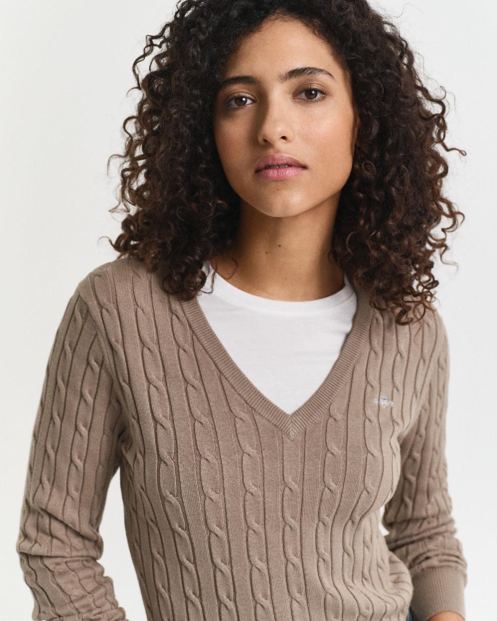 Gant Stretch Cotton Cable Knit V-Neck Sweater Taupe Beige